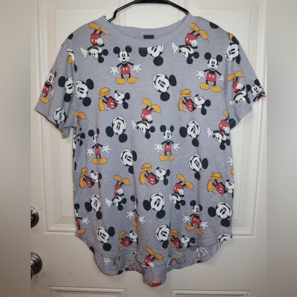 Disney Girl's Jr's Mickey Mouse All Over Short Sleeve Gray Tee Shirt Sz 19/XXL